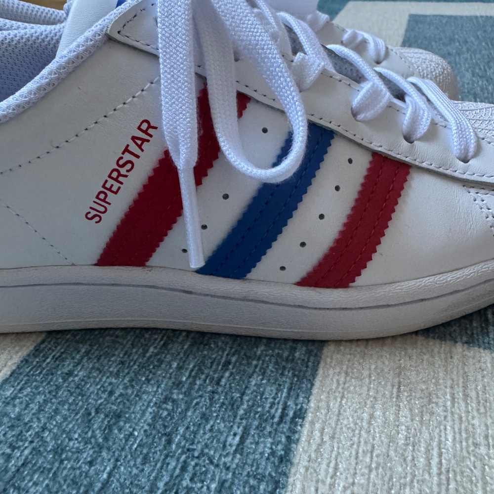 Adidas Superstar White with Red and Blue Stripes
